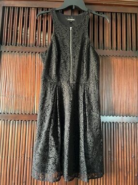 Express Black Lace Sleeveless Fit-and-Flare Dress with Front Zip